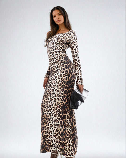 leopard print long sleeve maxi dress in supersoft
