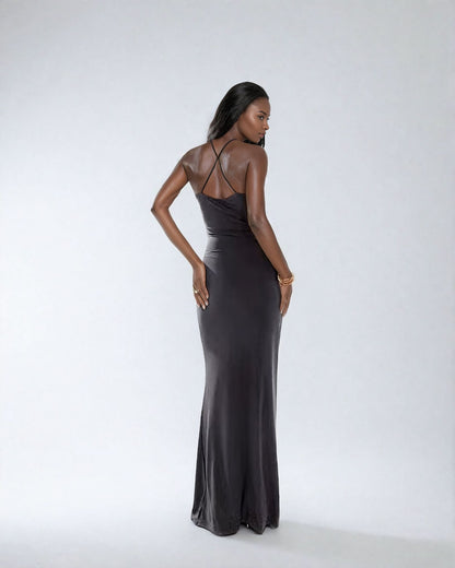 Double Layer Strappy Wrap Front Maxi Dress in Charcoal