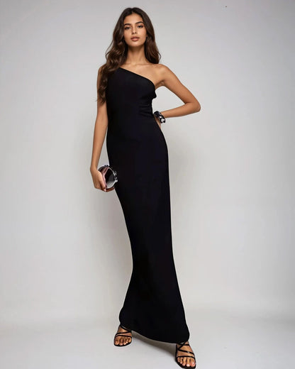 Exclusive Double Layer One Shoulder Metal Trim open back maxi in Black