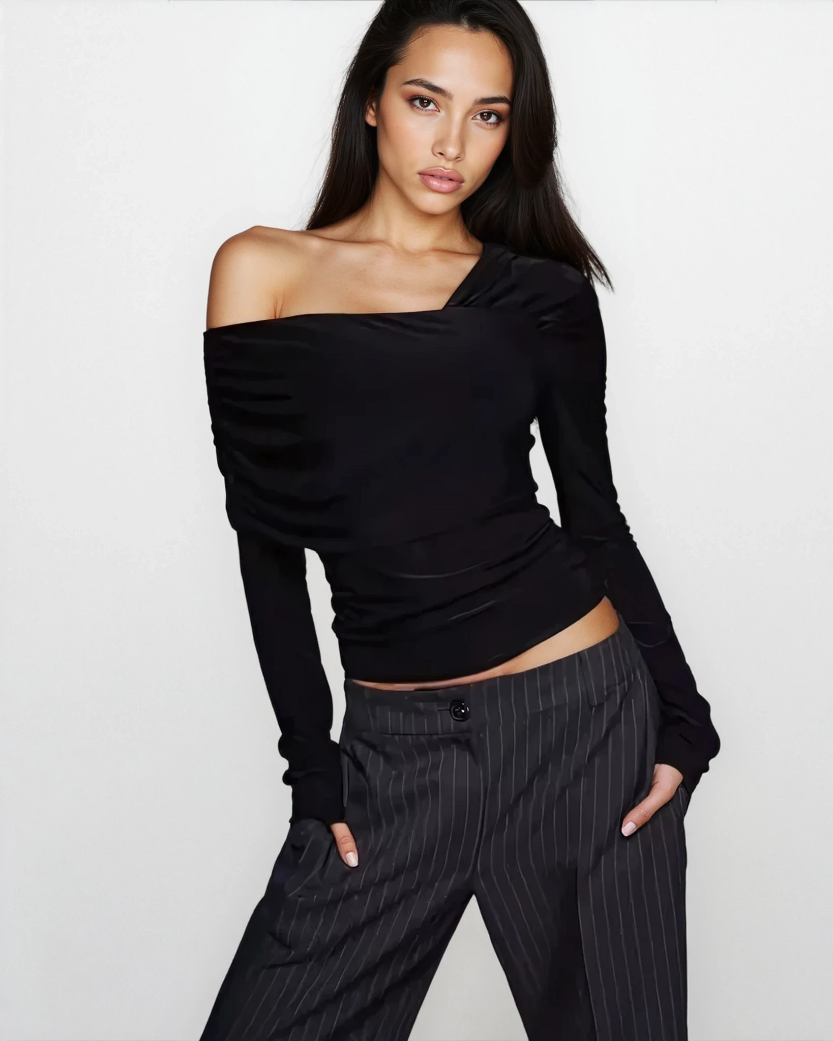 Exclusive Double Sculpted Slinky One Shoulder Fold Over Top in Black