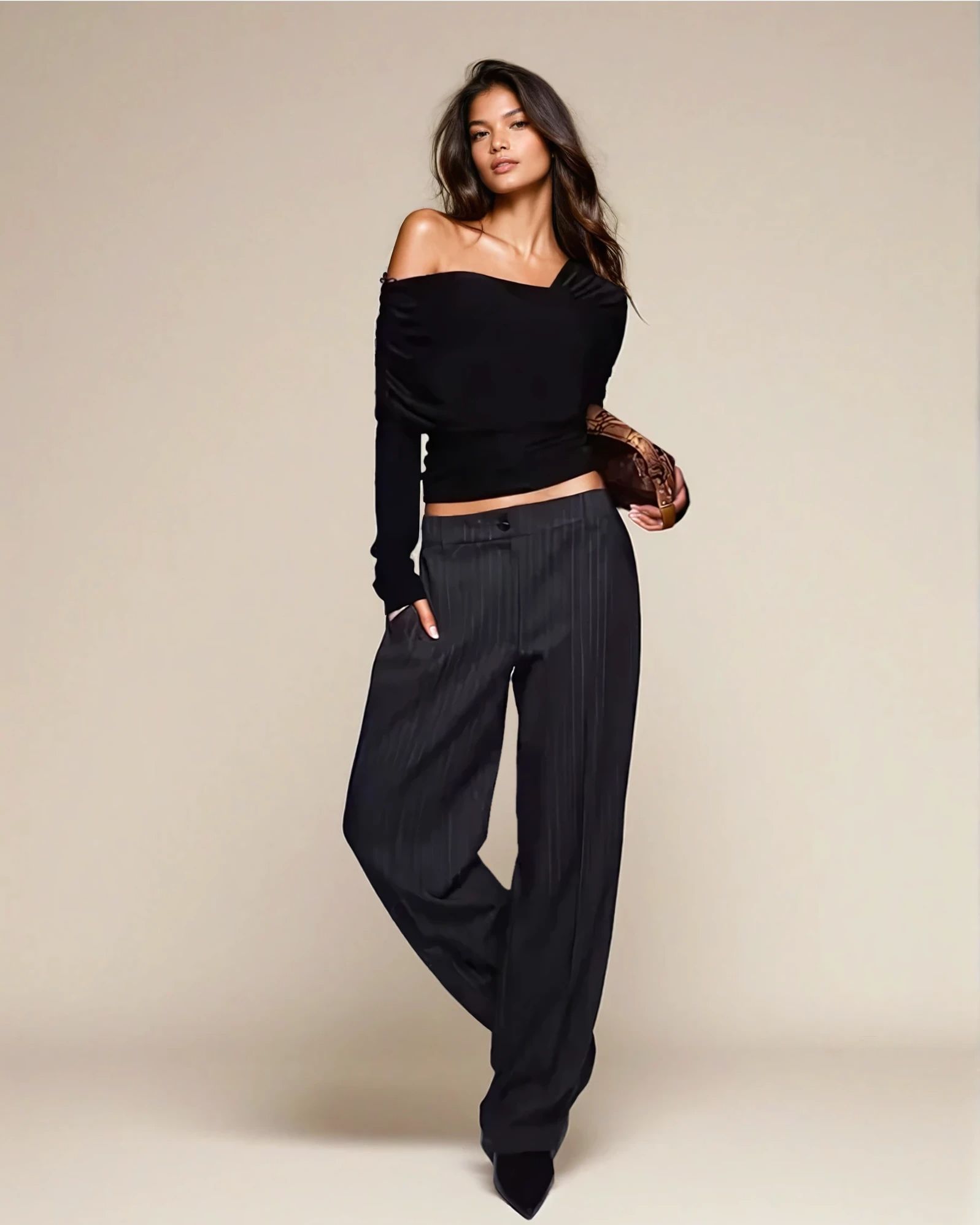 Exclusive Double Sculpted Slinky One Shoulder Fold Over Top in Black