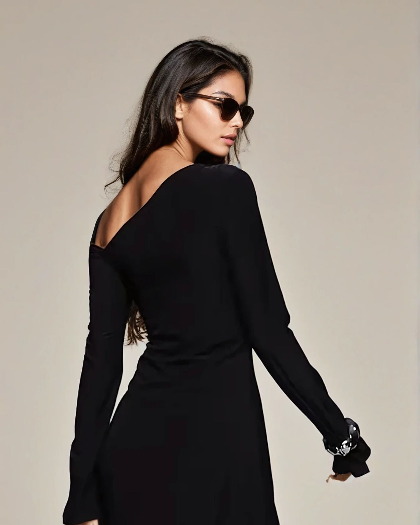Exclusive Double Sculpted Slinky Asymmetric Shoulder A-Line Mini Dress in Black