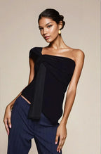 Exclusive Double Sculpted Slinky Asymmetric Knot Front detail Top in Black
