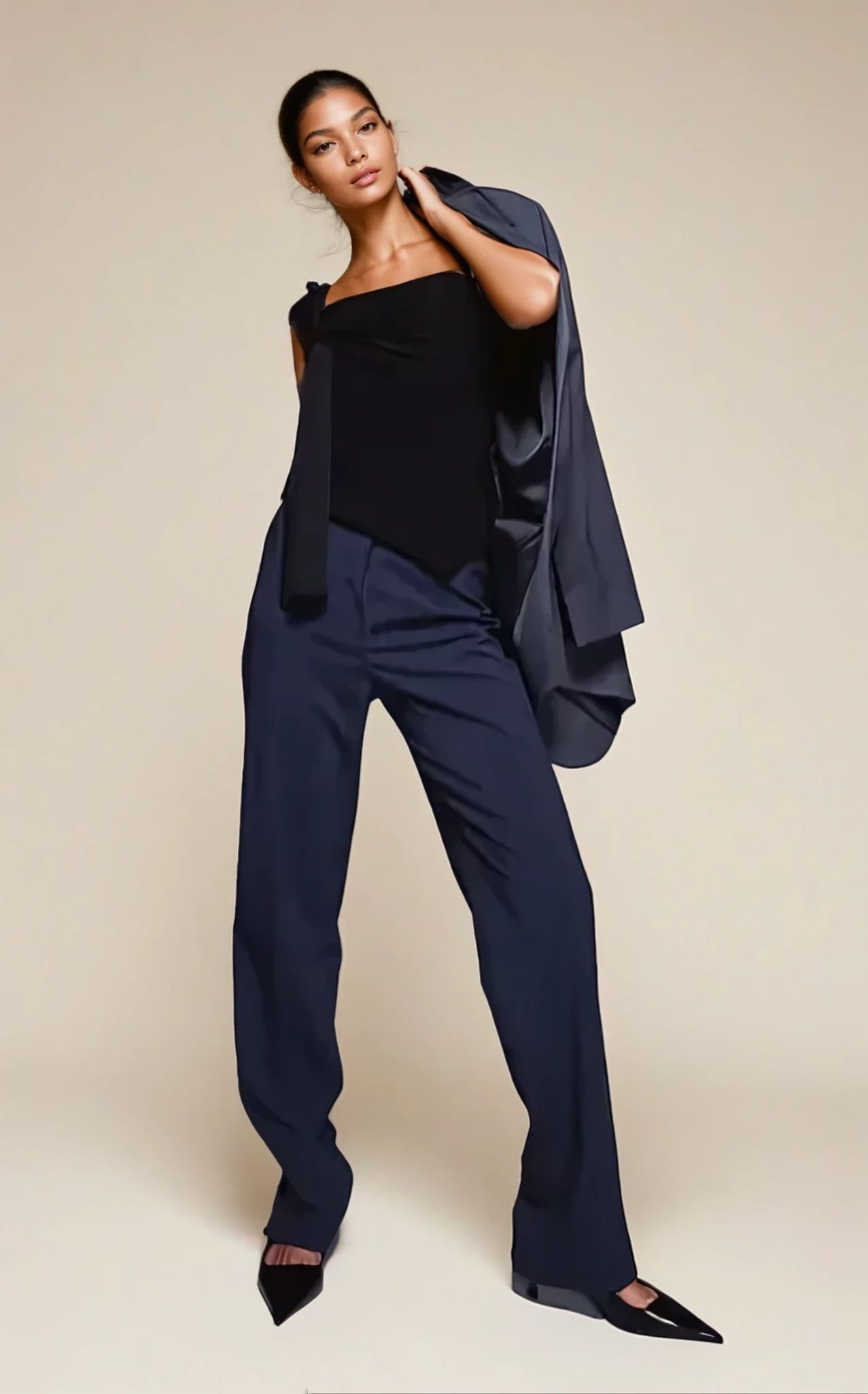 Exclusive Double Sculpted Slinky Asymmetric Knot Front detail Top in Black