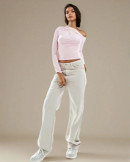 Asymmetric Supersoft Off Shoulder Tee in Pink