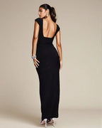 Exclusive Double Sculpted Slinky Sweetheart Neckline open back Bodycon Maxi Dress in Black