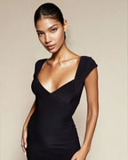 Exclusive Double Sculpted Slinky Sweetheart Neckline open back Bodycon Maxi Dress in Black