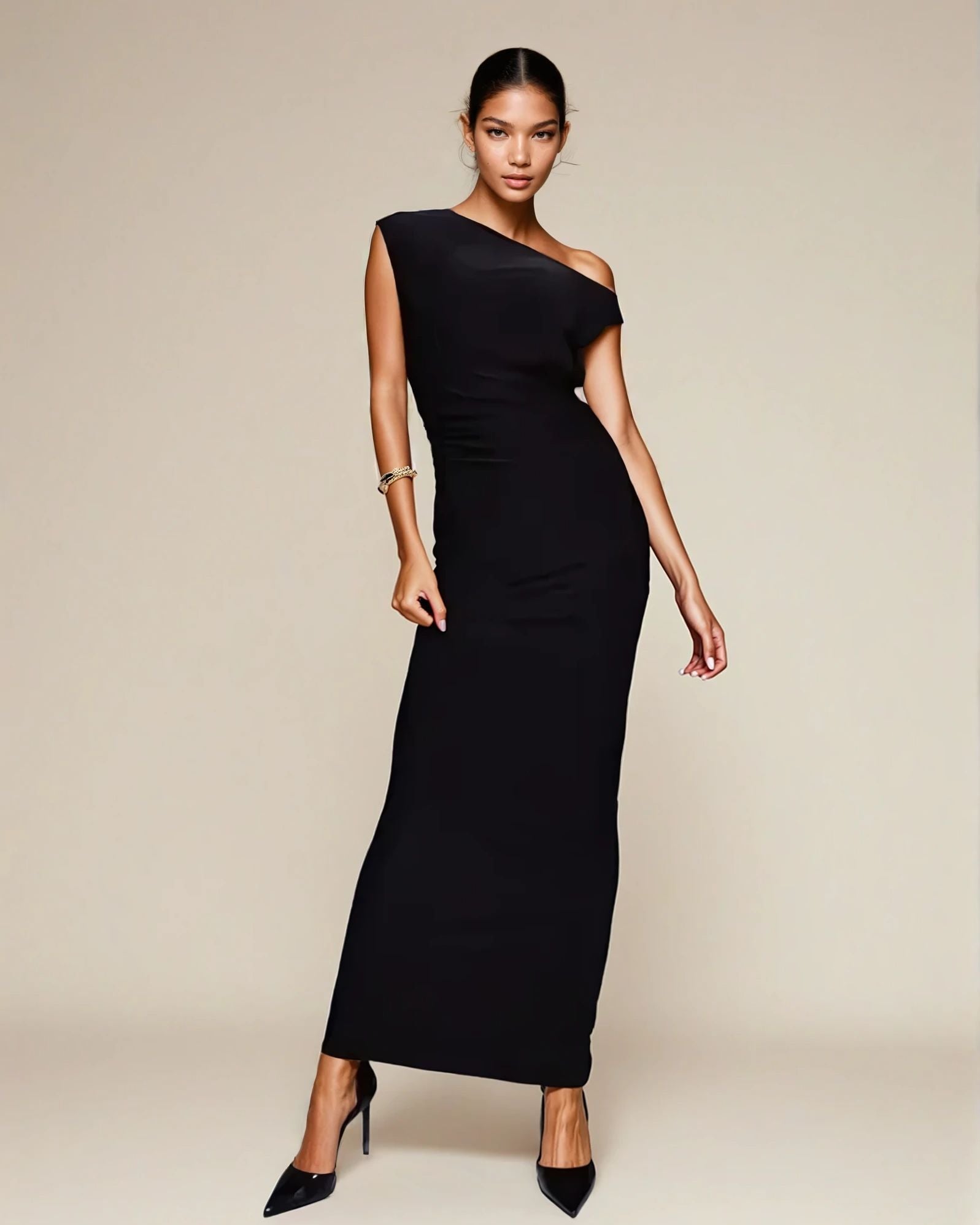 Exclusive Double Sculpted Slinky Sleeveless Asymmetric Neck Ruched Bodycon Maxi Dress in black
