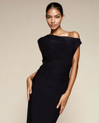 Exclusive Double Sculpted Slinky Sleeveless Asymmetric Neck Ruched Bodycon Maxi Dress in black