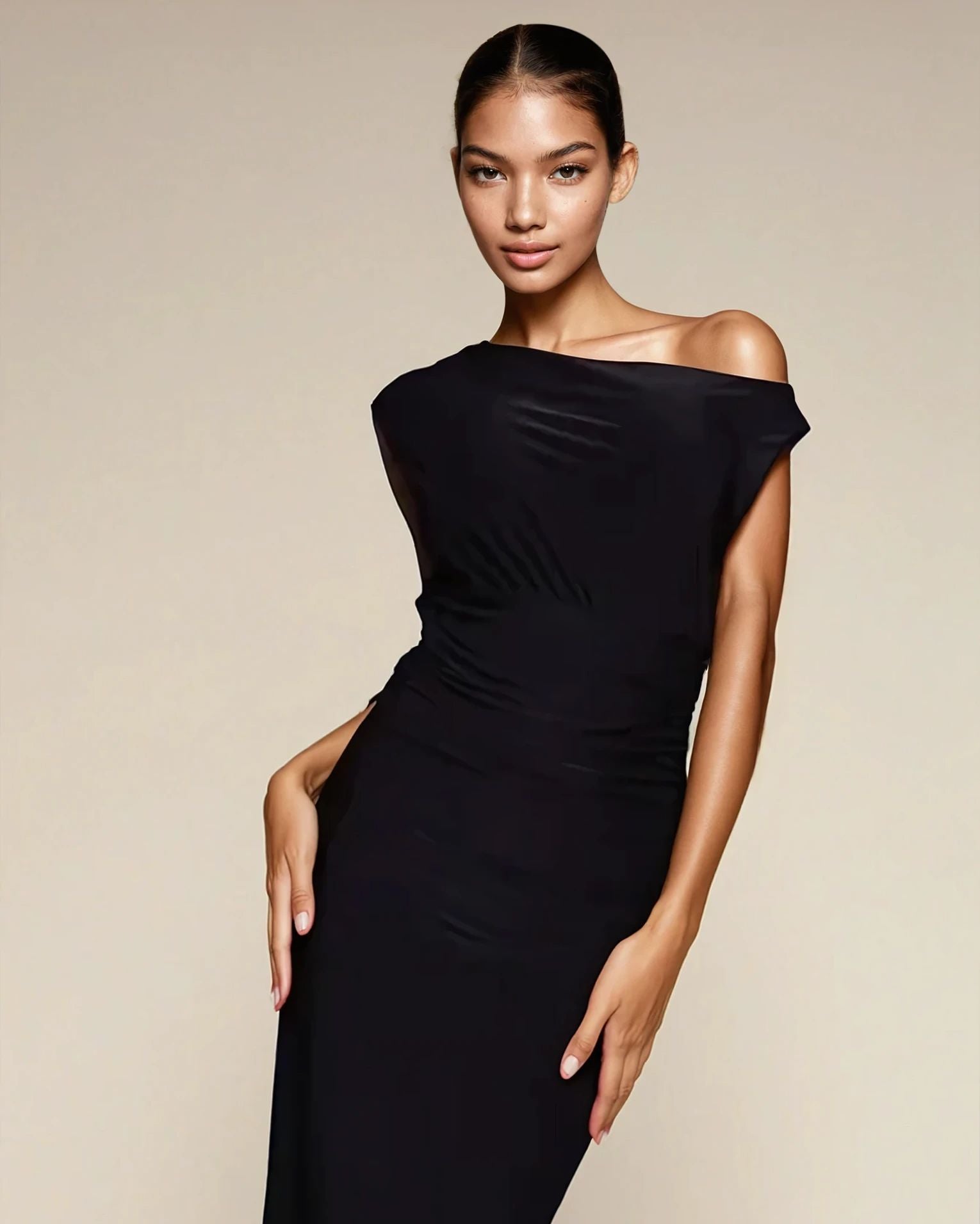 Exclusive Double Sculpted Slinky Sleeveless Asymmetric Neck Ruched Bodycon Maxi Dress in black