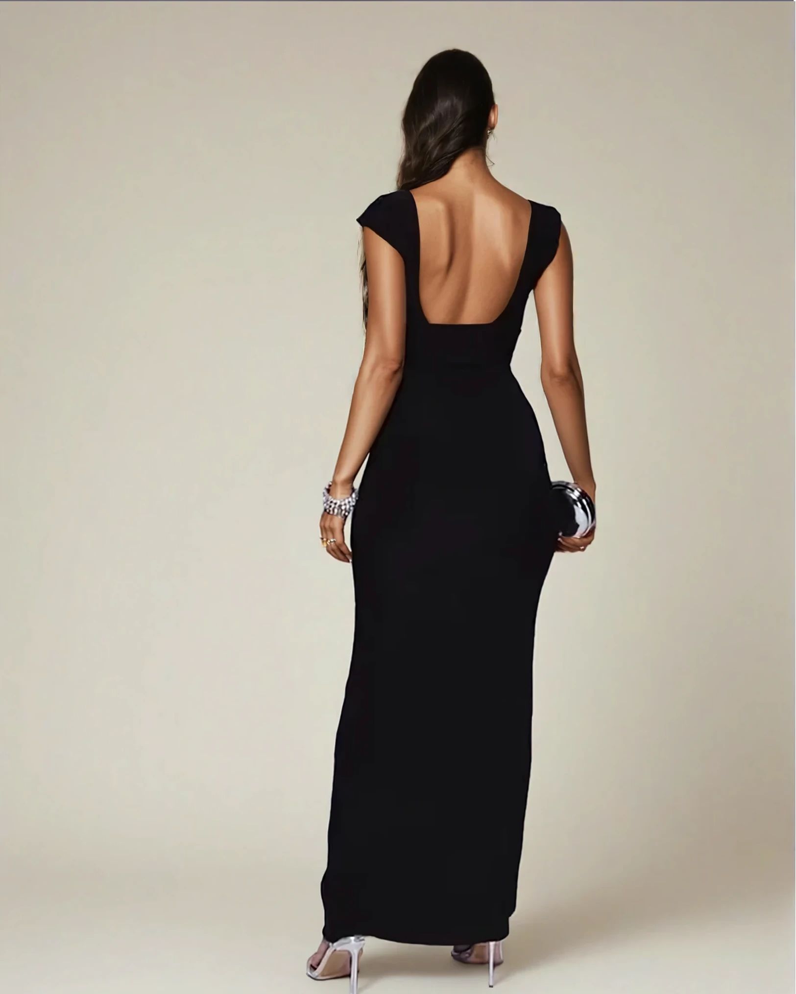 Exclusive Double Sculpted Slinky Sweetheart Neckline open back Bodycon Maxi Dress in Black
