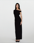 Exclusive Double Sculpted Slinky Sleeveless Asymmetric Neck Ruched Bodycon Maxi Dress in black