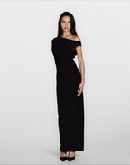 Exclusive Double Sculpted Slinky Sleeveless Asymmetric Neck Ruched Bodycon Maxi Dress in black