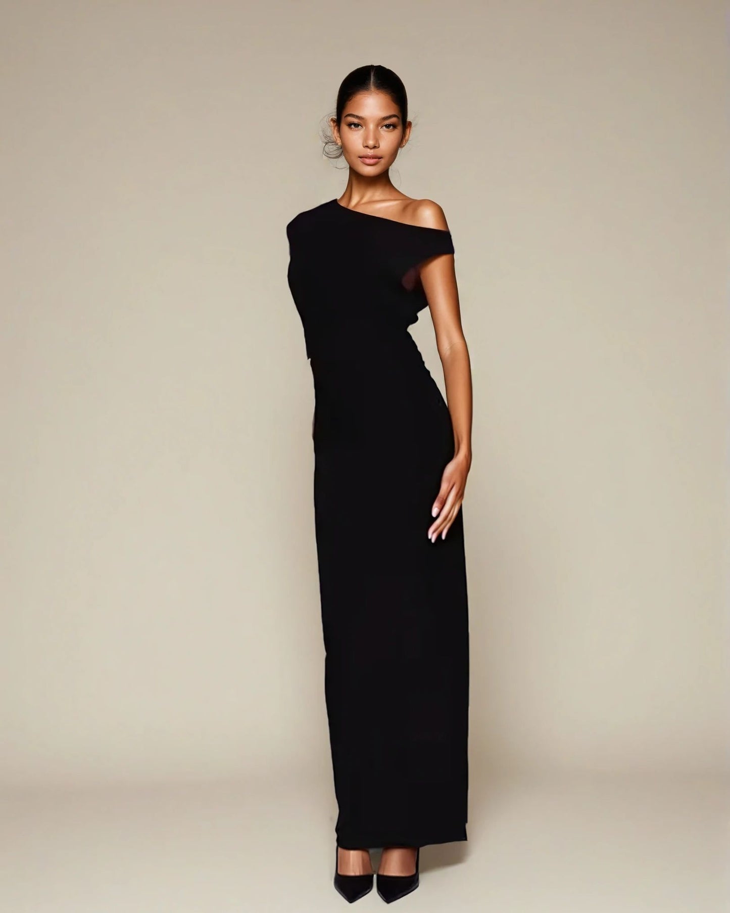 Exclusive Double Sculpted Slinky Sleeveless Asymmetric Neck Ruched Bodycon Maxi Dress in black