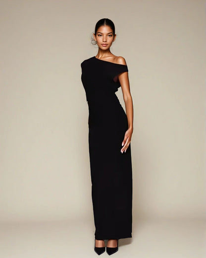 Exclusive Double Sculpted Slinky Sleeveless Asymmetric Neck Ruched Bodycon Maxi Dress in black