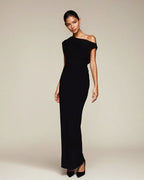 Exclusive Double Sculpted Slinky Sleeveless Asymmetric Neck Ruched Bodycon Maxi Dress in black