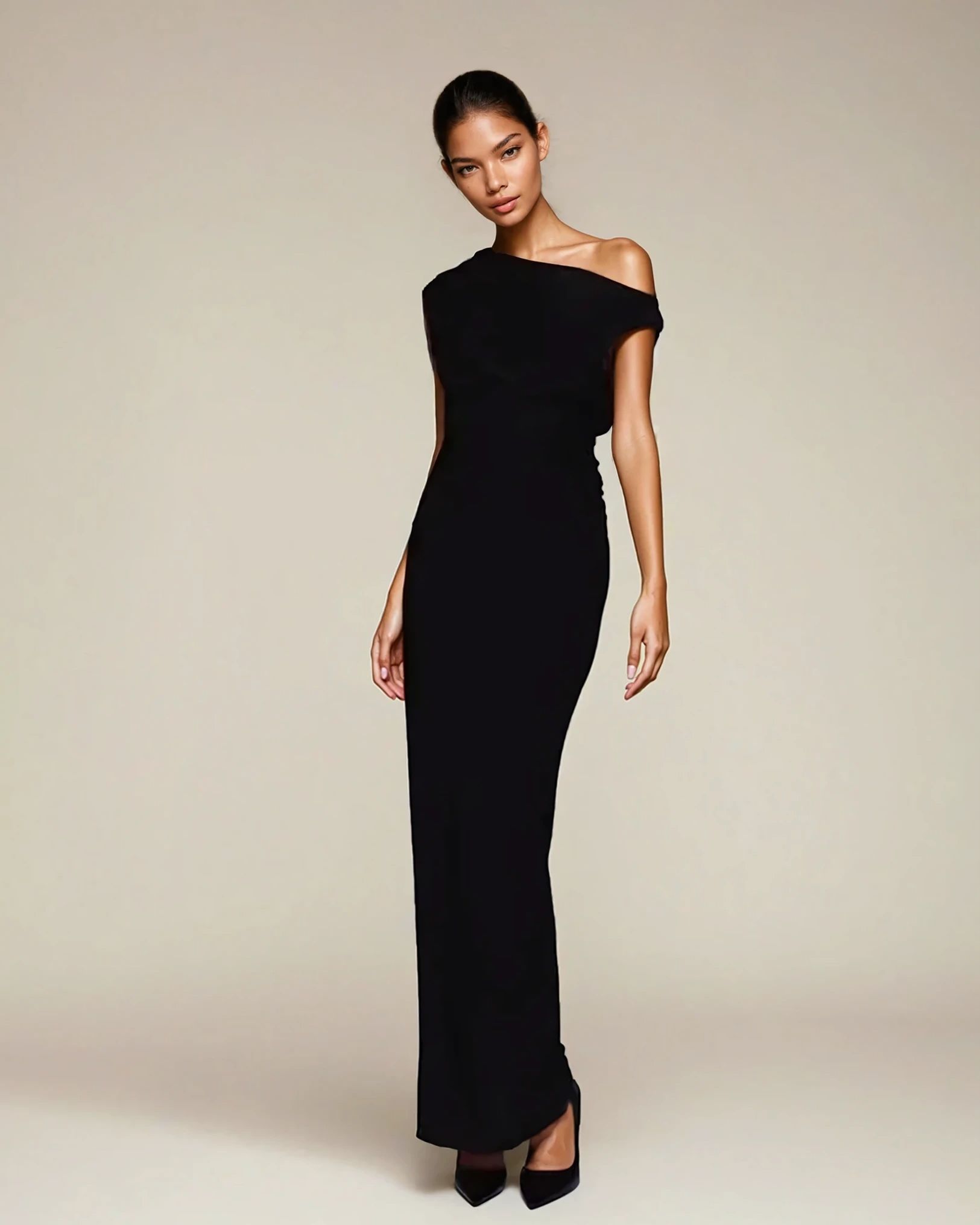 Exclusive Double Sculpted Slinky Sleeveless Asymmetric Neck Ruched Bodycon Maxi Dress in black