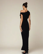 Exclusive Double Sculpted Slinky Sleeveless Asymmetric Neck Ruched Bodycon Maxi Dress in black