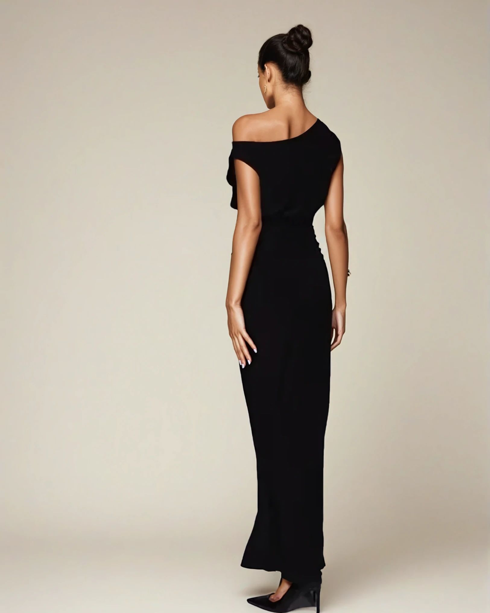 Exclusive Double Sculpted Slinky Sleeveless Asymmetric Neck Ruched Bodycon Maxi Dress in black