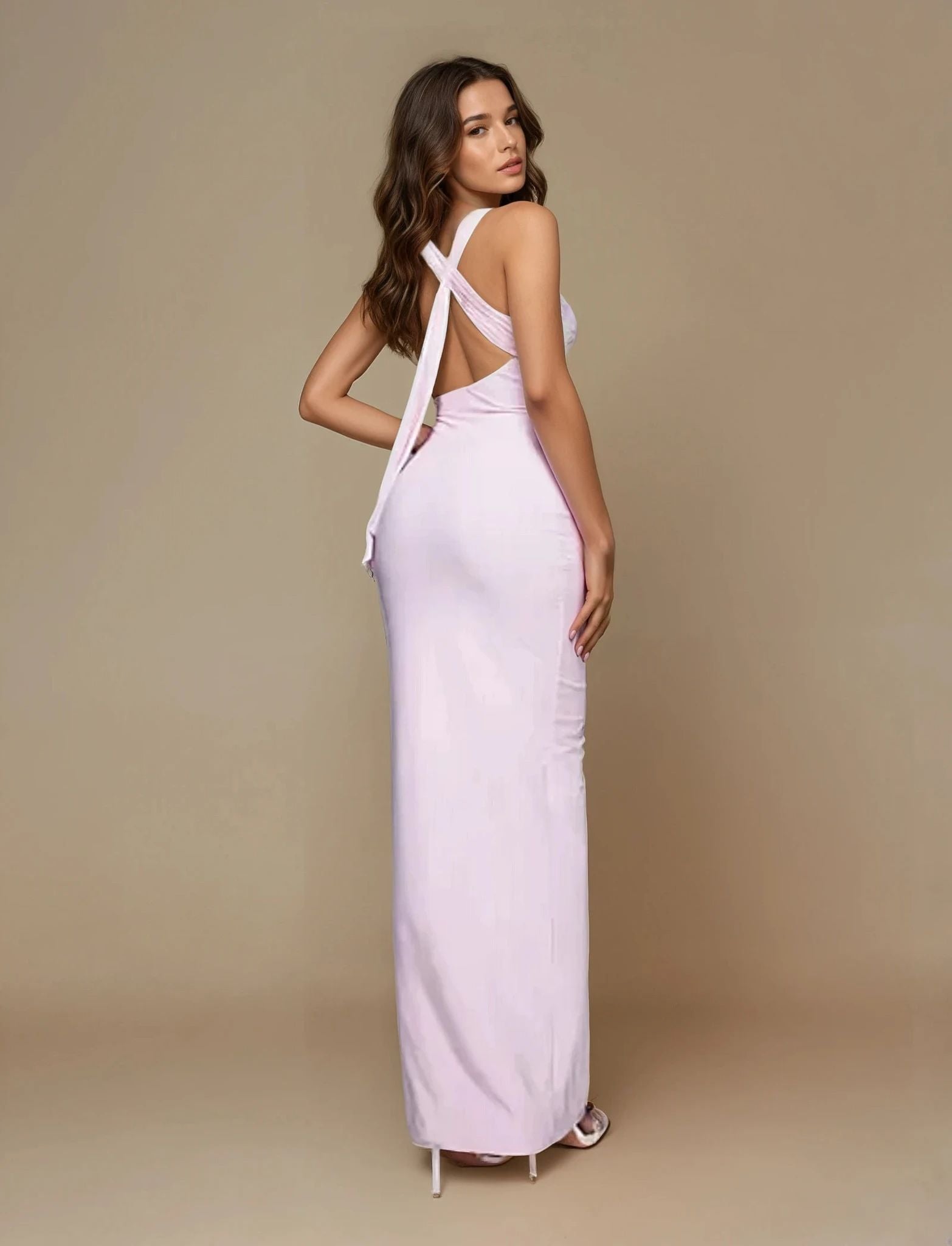 Exclusive Double Sculpted Slinky Open back Drape Detail Maxi in Baby Pink