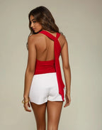 Exclusive Double Sculpted Slinky Open back Drape Detail Top in Cherry Red