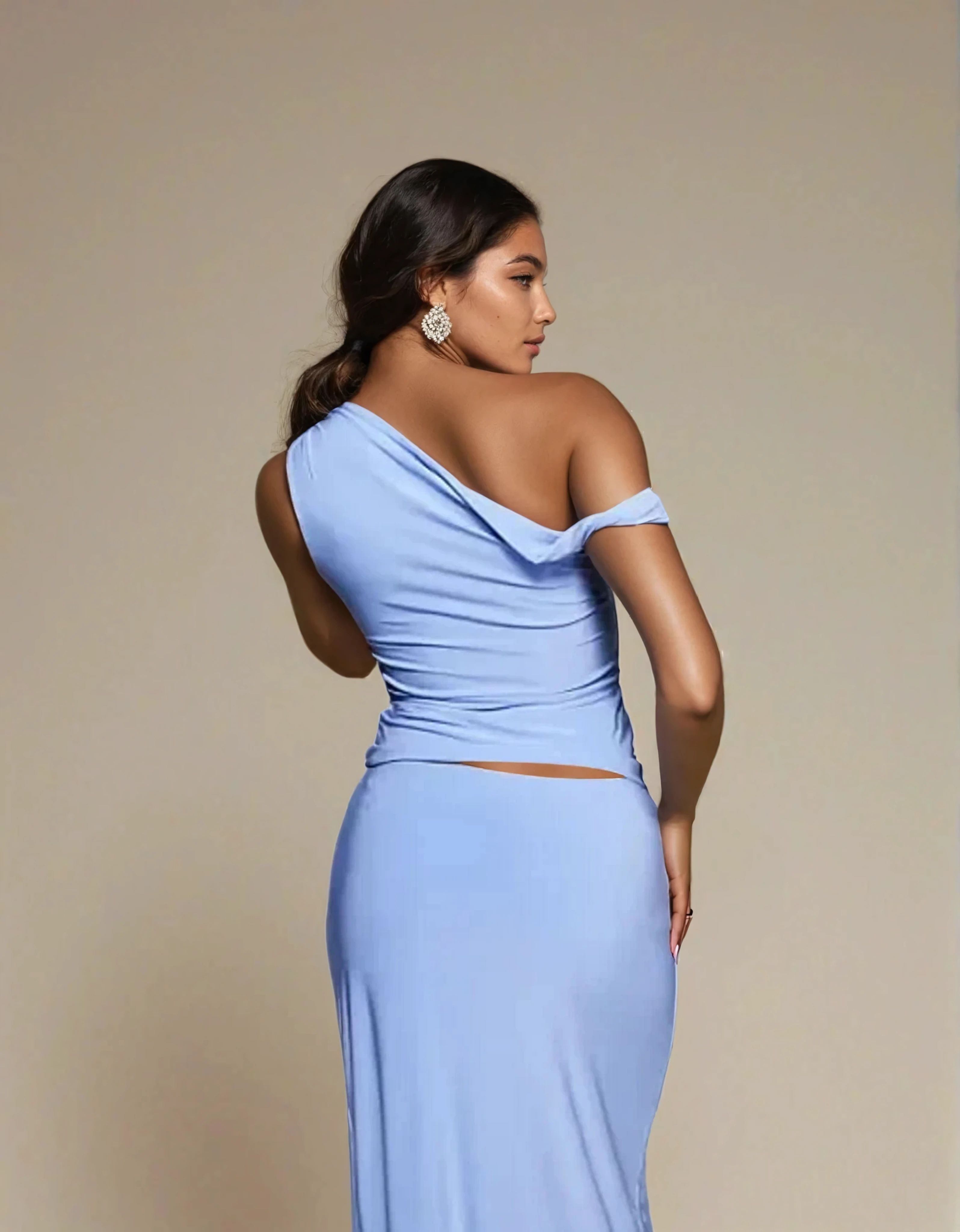 Exclusive Double Sculpted Slinky Ruffle shoulder top in Baby Blue