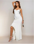 Exclusive Double Sculpted Slinky Cami Ruched Ruffle Side Split Maxi Dress in Off White
