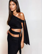 Exclusive Double Sculpted Slinky Column Maxi Skirt Co-ord in Black