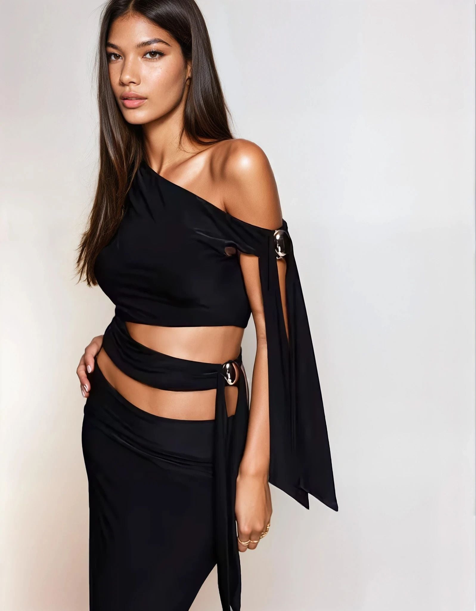 Exclusive Double Sculpted Slinky Column Maxi Skirt Co-ord in Black