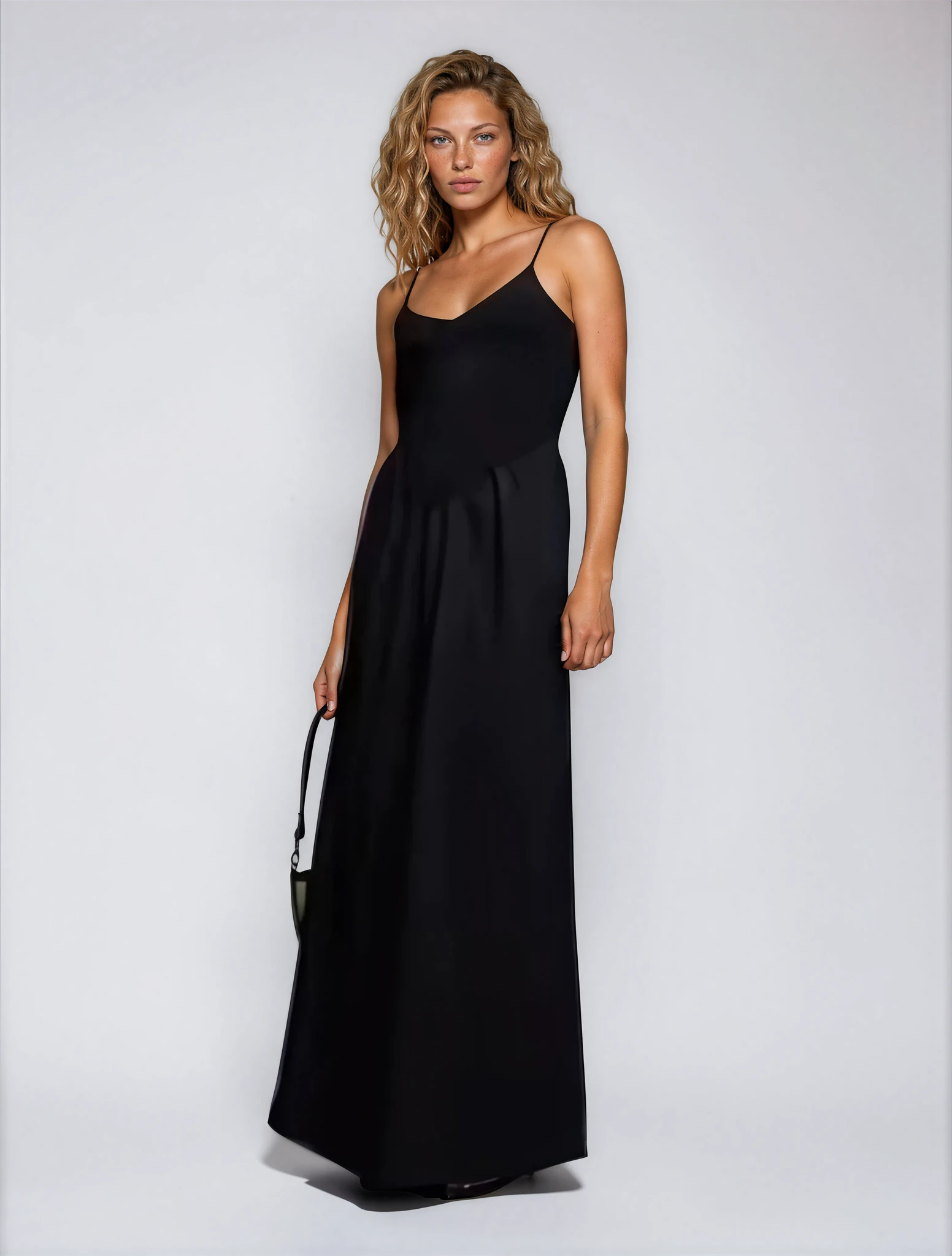 Exclusive Cotton & Poplin Mix V Neck Drop Waist Detail Maxi Dress in Black
