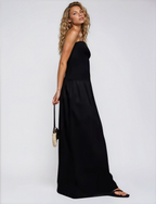 Exclusive Cotton & Poplin Mix V Neck Drop Waist Detail Maxi Dress in Black