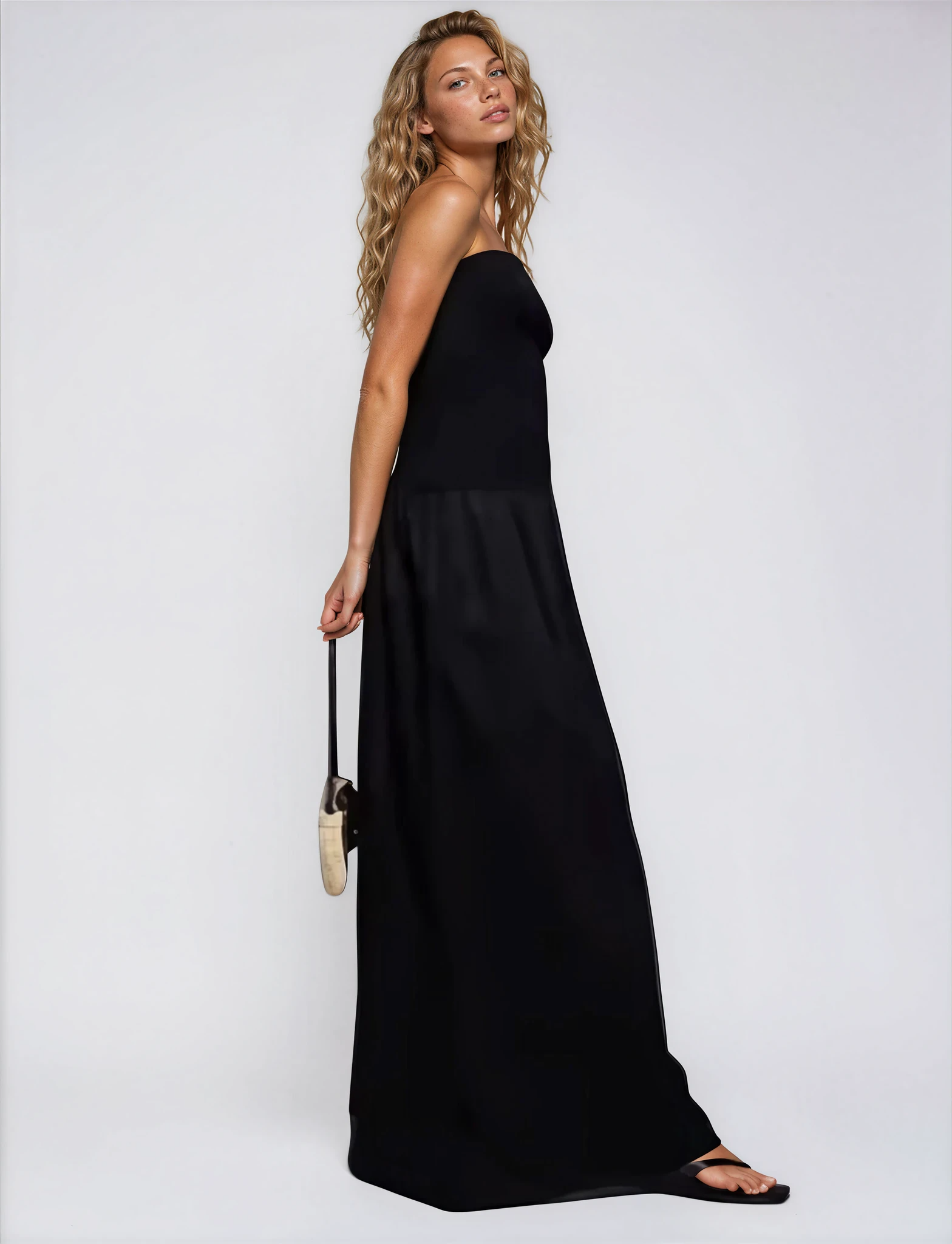 Exclusive Cotton & Poplin Mix V Neck Drop Waist Detail Maxi Dress in Black
