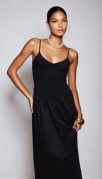 Exclusive Cotton & Poplin Mix V Neck Drop Waist Detail Maxi Dress in Black