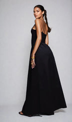 Exclusive Cotton & Poplin Mix V Neck Drop Waist Detail Maxi Dress in Black