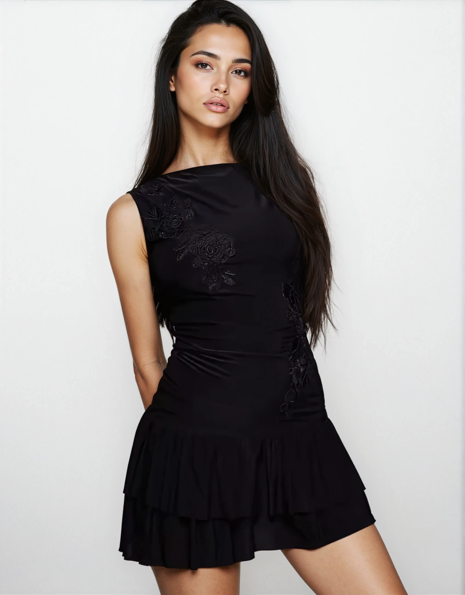 Exclusive Fashionkilla double sculpted slinky slash neck low back ruffle hem flower applique mini dress in black