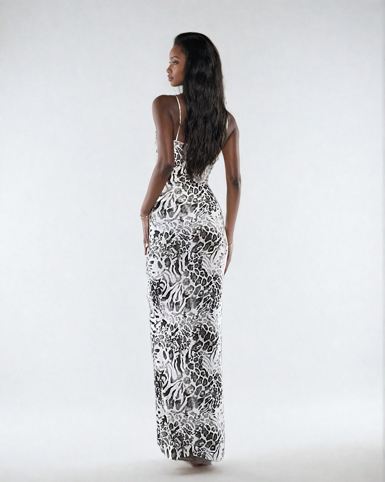 Double Layer Ruched Bust Strappy Maxi Dress in Leopard