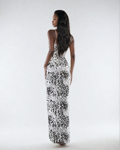 Double Layer Ruched Bust Strappy Maxi Dress in Leopard