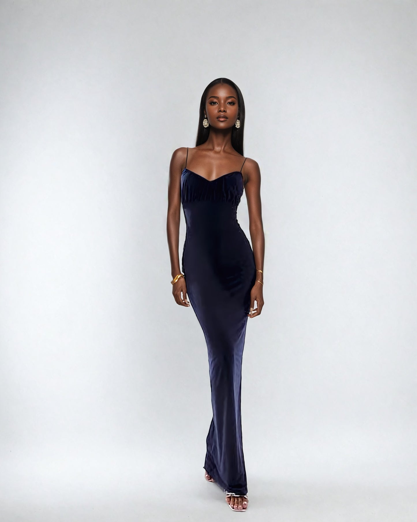 Double Layer Ruched Bust Strappy Maxi Dress in Navy