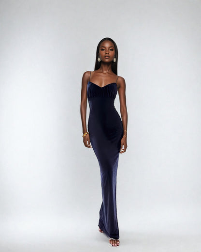 Double Layer Ruched Bust Strappy Maxi Dress in Navy