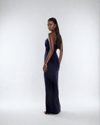 Double Layer Ruched Bust Strappy Maxi Dress in Navy