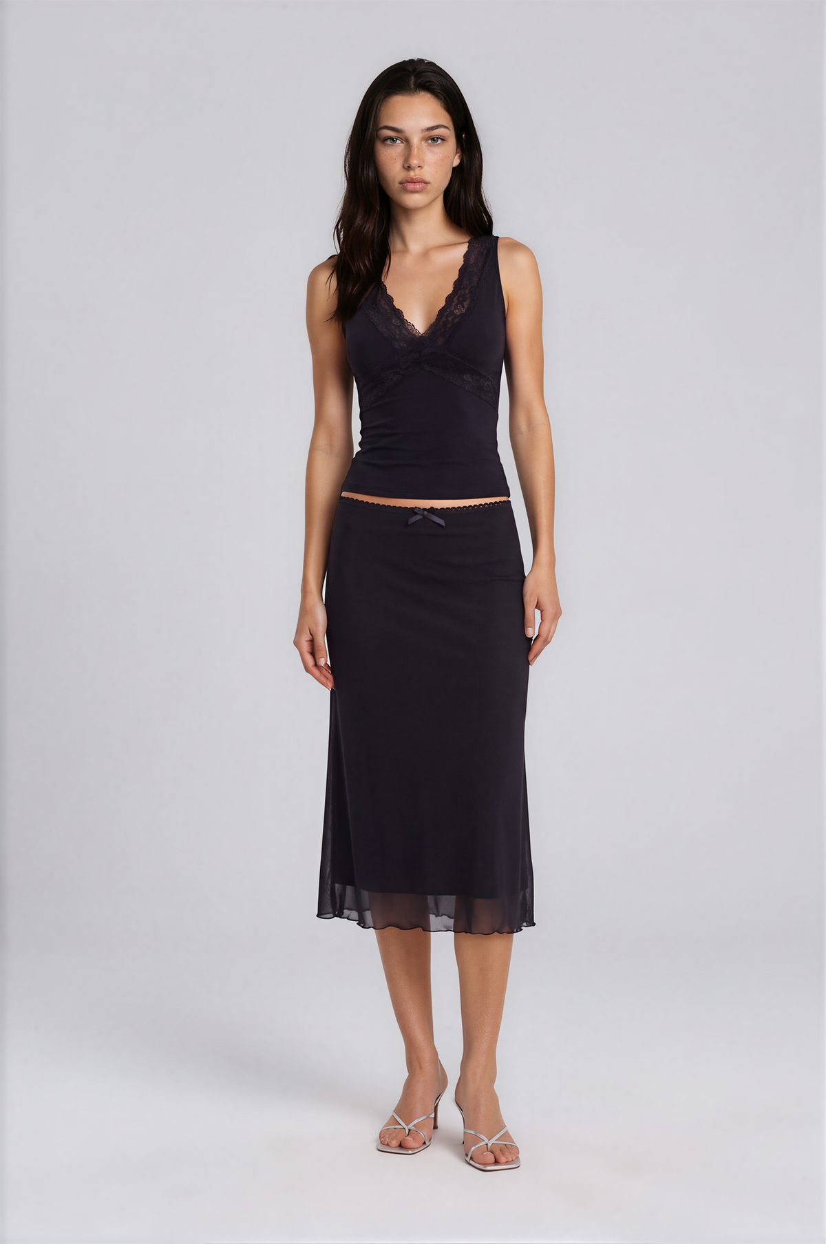 Exclusive Fashionkilla double sculpted slinky lace trim v neck vest top in black