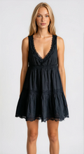 Exclusive Fashionkilla V neck  tiered lace trim babydoll mini dress in black ocean crepe
